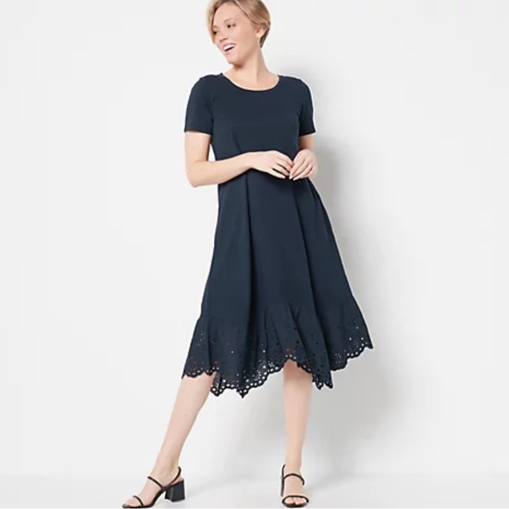 Logo by Lori Goldstein Petite Plus SZ BLK tshirt dress eyelet trim hanky hem 1XP